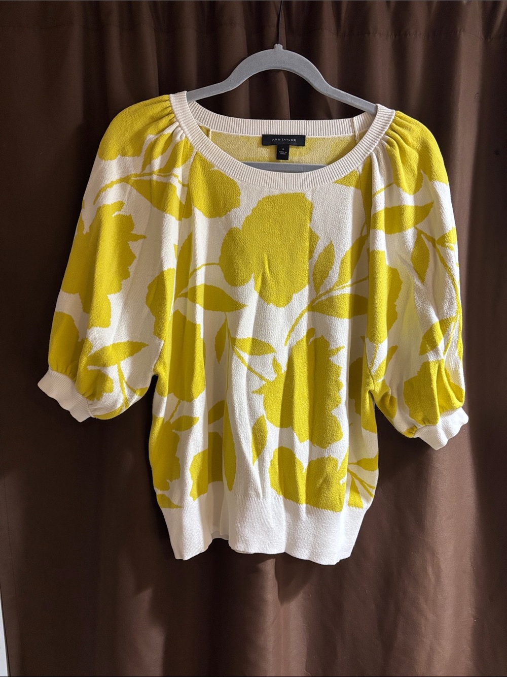 Ann Taylor White and Yellow Floral Puff-Sleeve Sweater Top